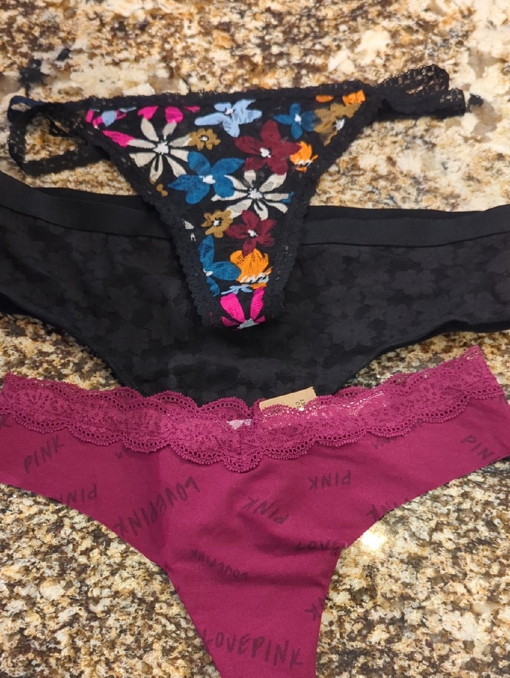 PINK VS Lace Black Cheekster Floral Thong String Pink Spell Out Thong Bundle 3